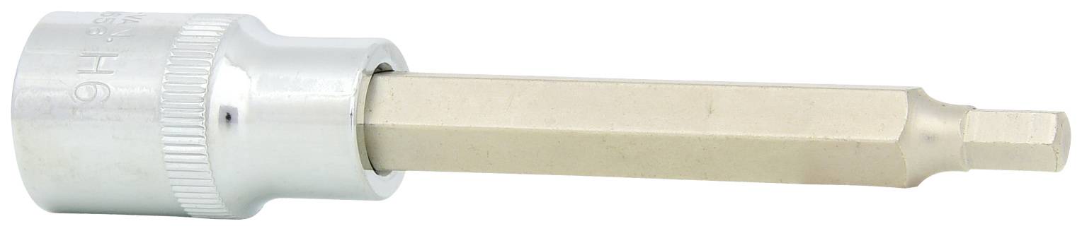 Sechskantschlüssel mit silbernem Griff und Messingkopf auf weißem Hintergrund.