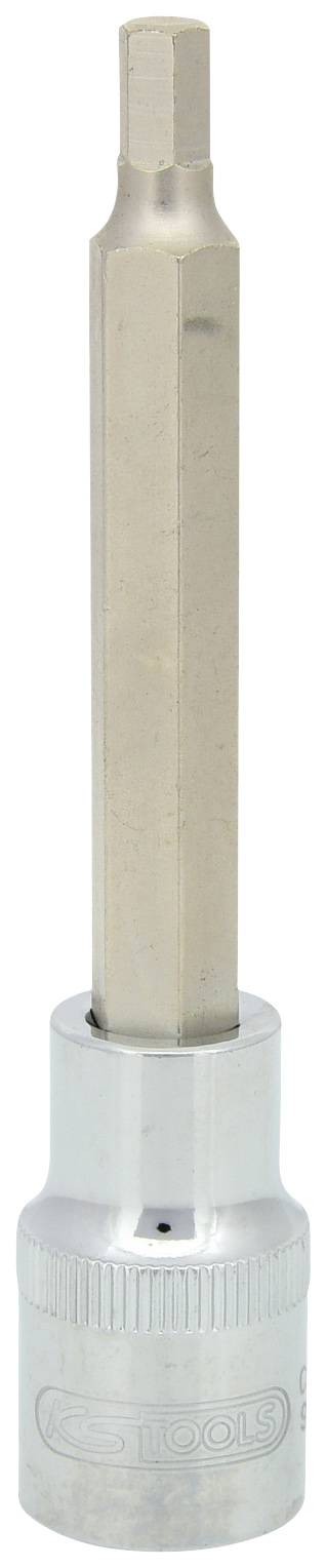 Ein langer Sechskant-Steckschlüsselaufsatz mit silbernem Schaft und sechseckiger Spitze, der für Schraubarbeiten verwendet wird.