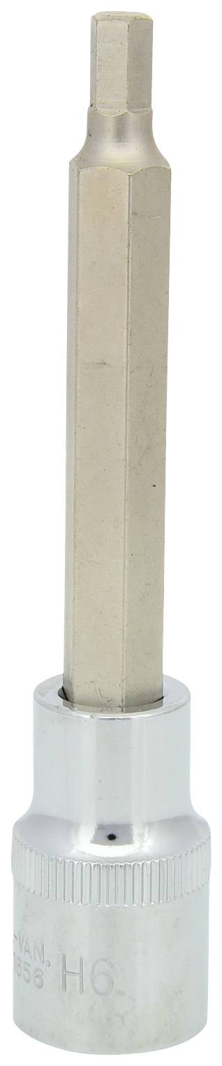 Ein silberner Steckschlüssel mit langem, sechskantigem Bit für Schraubarbeiten.