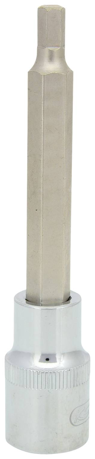 Ein langer Sechskant-Steckschlüssel, geeignet für Schraubarbeiten, mit verchromtem Griff und silbernem Steckende.