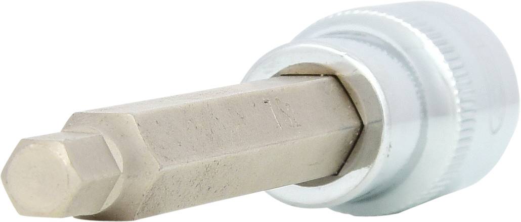 Ein Metall-Bit-Einsatz mit sechseckiger Spitze, der in einem Werkzeughalter eingespannt ist, zur Verwendung mit einem Ratschenmechanismus.