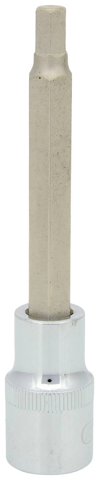 Ein sechskantiger Steckschlüsseleinsatz mit langer Welle, geeignet für Innensechskantschrauben, aus silbernem Metall gefertigt.