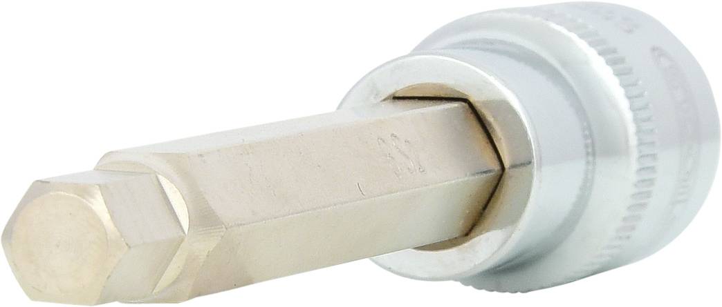 Ein sechskantiger Steckschlüssel mit Metallschaft und vernickeltem Gehäuse, geeignet für Schrauben mit sechskantigem Kopf.