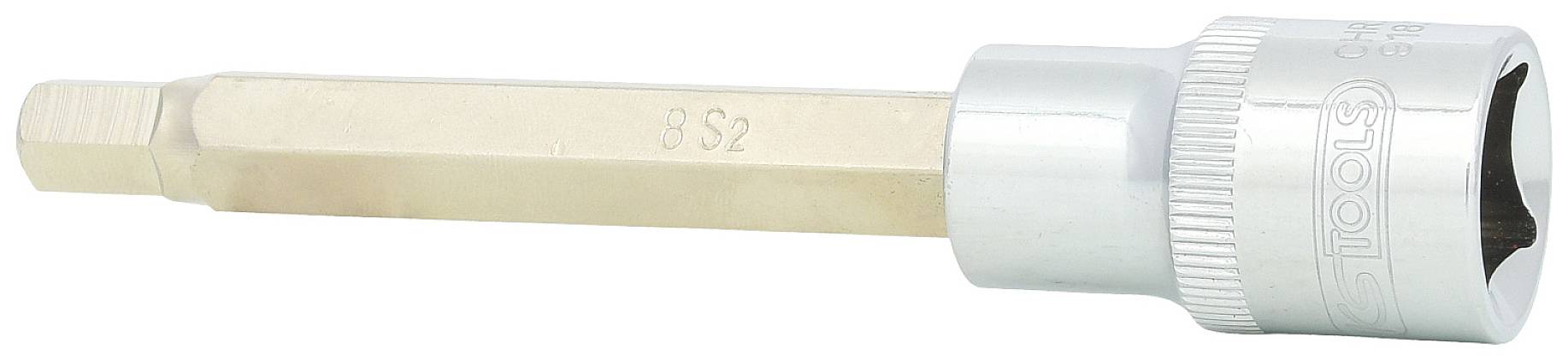 Langer Steckschlüssel mit goldener, sechseckiger Spitze und silbernem Rundgriff, verwendet zum Anziehen oder Lösen von Schrauben.