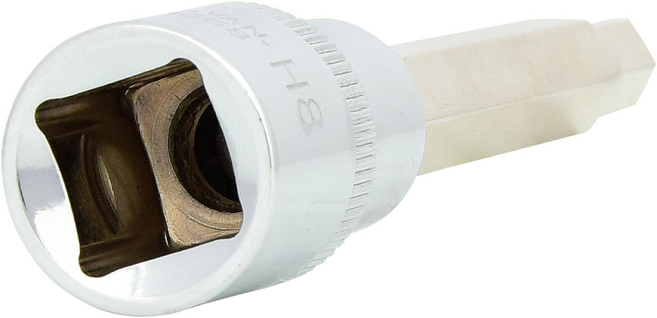 Bitschlüssel, silberne Sechskantaufnahme mit goldener Spitze, verwendet für das Anziehen oder Lösen von Schrauben in Maschinen oder Fahrzeugen.