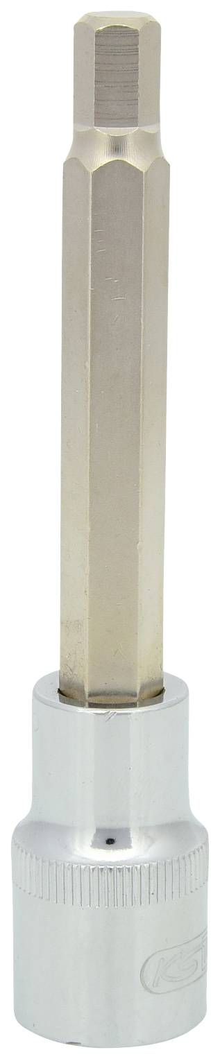 Ein sechskantiger Steckschlüsseleinsatz aus Metall, wahrscheinlich für Schraubarbeiten. Oben ist der sechskantige Schaft, unten der zylindrische Sockel.