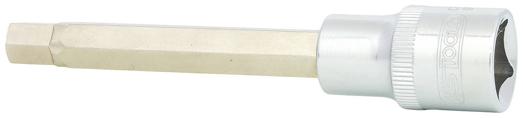 Ein silberner Sechskant-Bit für Schraubenschlüssel, mit einem matt-goldenen Sechskantaufsatz. Hauptsächlich für Schraubarbeiten verwendet.