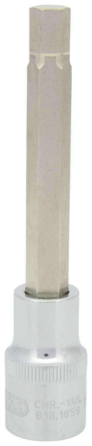 Ein langer Steckschlüssel mit sechskantigem Kopf und silbernem Griff.