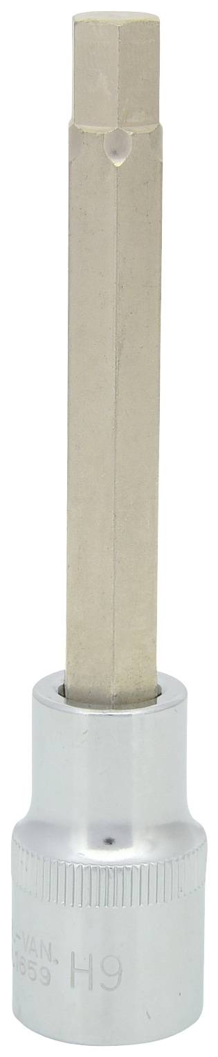 Ein silberner Sechskant-Bitaufsatz mit 9 mm Größe auf einem metallischen Steckschlüssel-Adapter ist zu sehen.