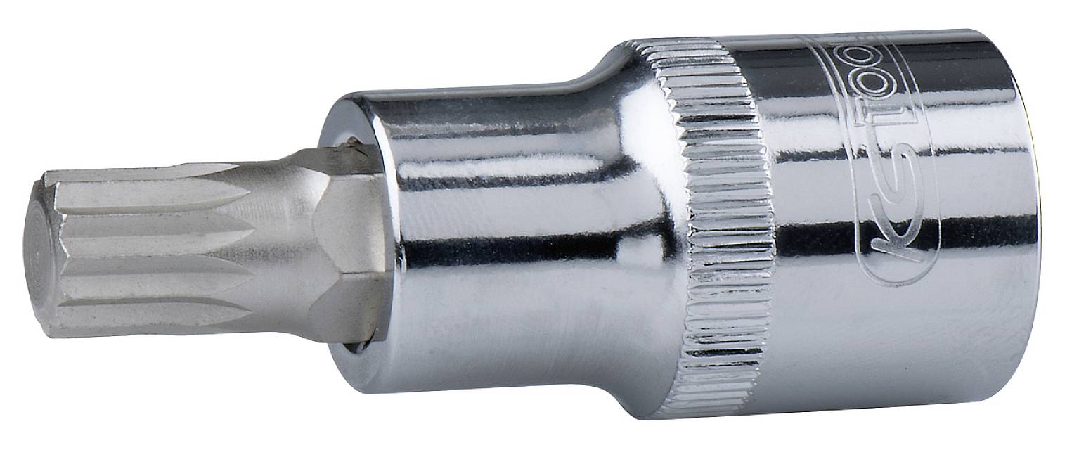 Metallischer Torx-Bit mit zylindrischem Antrieb, verwendet für Schraubarbeiten, glänzend verchromt, mit geriffeltem Griff.