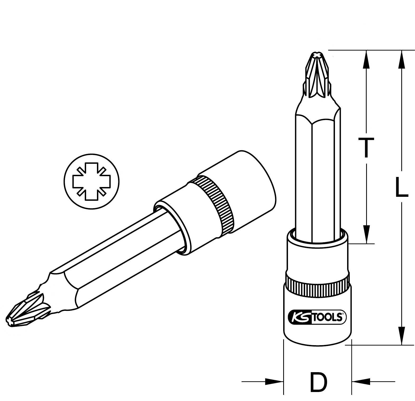 Kreuzschlitz-Bit mit PZ2-Spitze und Sechskantschaft. Gezeichnet mit Maßangaben für Durchmesser und Länge.