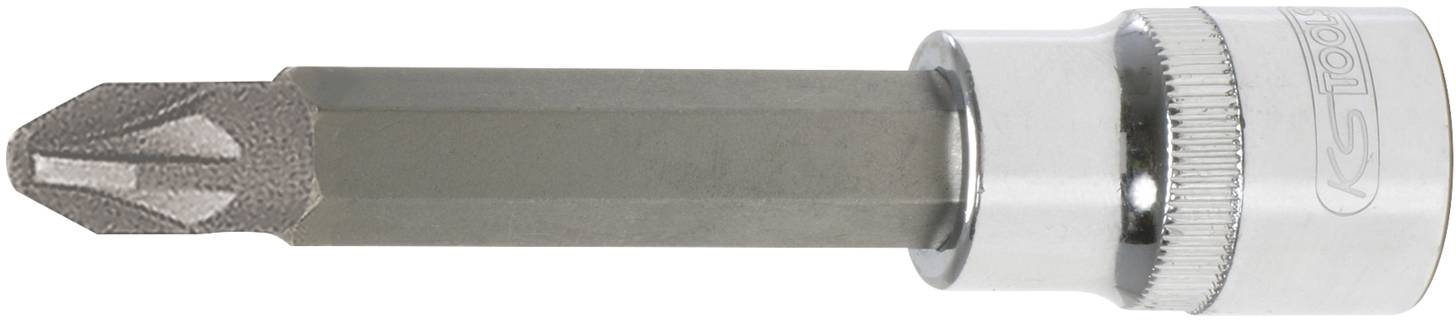 Bitschraubendreher mit sechskantigem Metallschaft und gerändeltem Griff, geeignet für Kreuzschlitzschrauben, liegt auf weißem Hintergrund.