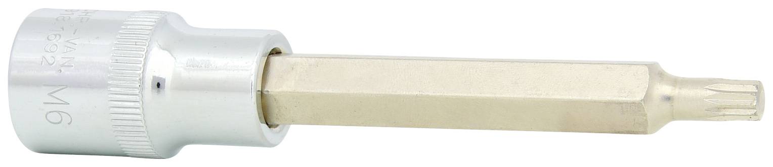 Ein Torx-Bit mit silbernem Bithalter und goldener Spitze, geeignet für die Verwendung mit einem Steckschlüssel.