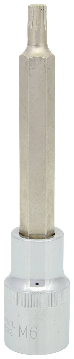 Ein Steckschlüsselaufsatz mit Sechskant, geeignet für M6-Schrauben. Oberteil in hellem Metall, unterer Bereich aus silberfarbenem Metall.