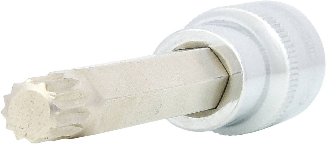 Ein silberner Vielzahn-Steckschlüsselaufsatz mit zwölfförmigem Ende, geeignet für präzise Schraubarbeiten in Mechanik oder Automobilanwendungen.