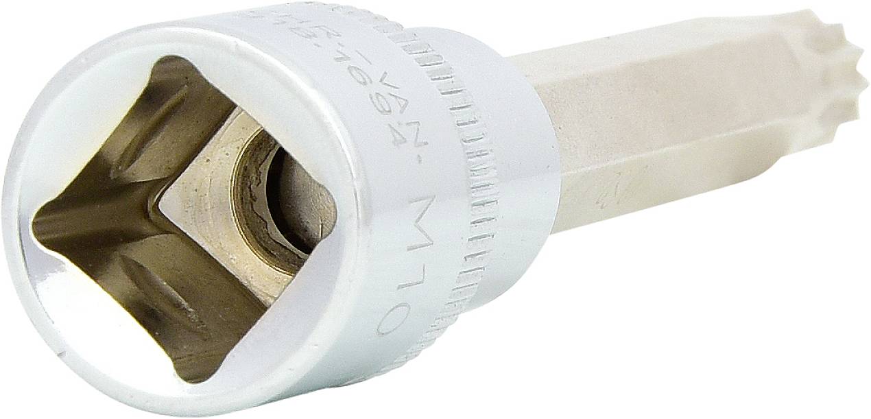 Ein silberner Vielzahn-Bitaufsatz M10 mit einem quadratischen Ende.