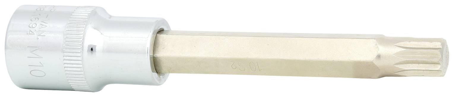 Ein silberner und goldfarbener Schraubendreherkopf mit einem XZN-Profil und einer langen, sechseckigen Form.