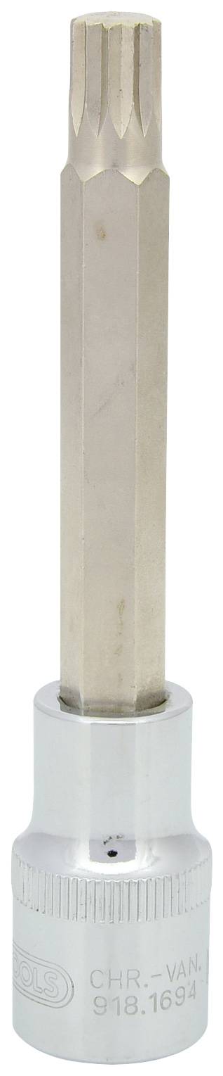 Steckschlüssel mit langem, sechskantigem Bit für Schraubenmontage, silberfarbenes Metall, obere Hälfte gerändelt.