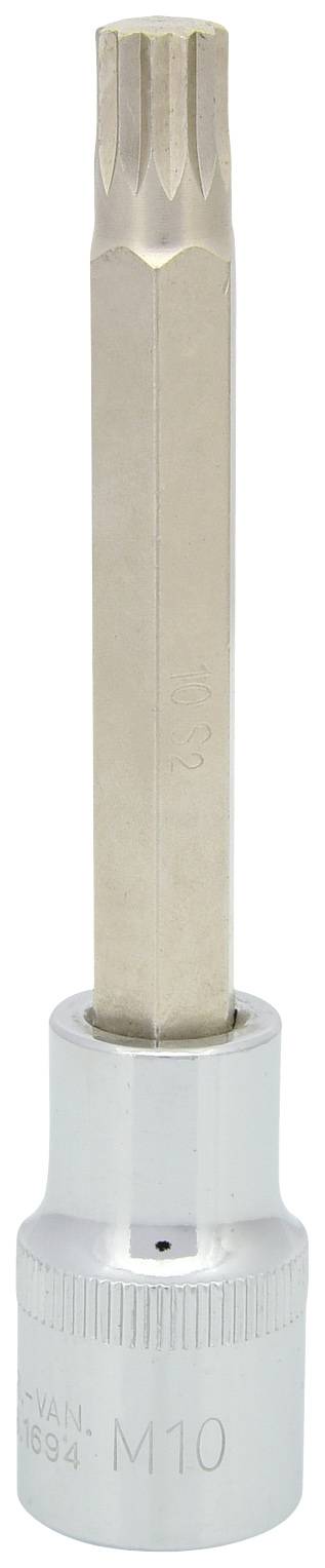 Ein silberner Steckschlüssel mit einem M10-Aufsatz für Torx-Schrauben, erkennbar an seiner sternförmigen Spitze.