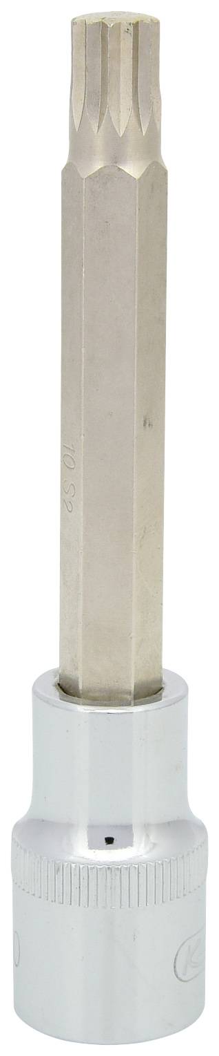 Ein silberner, sechskantiger Steckschlüsseleinsatz mit geriffeltem Griff, verwendet für mechanische Arbeiten an Maschinen und Fahrzeugen.