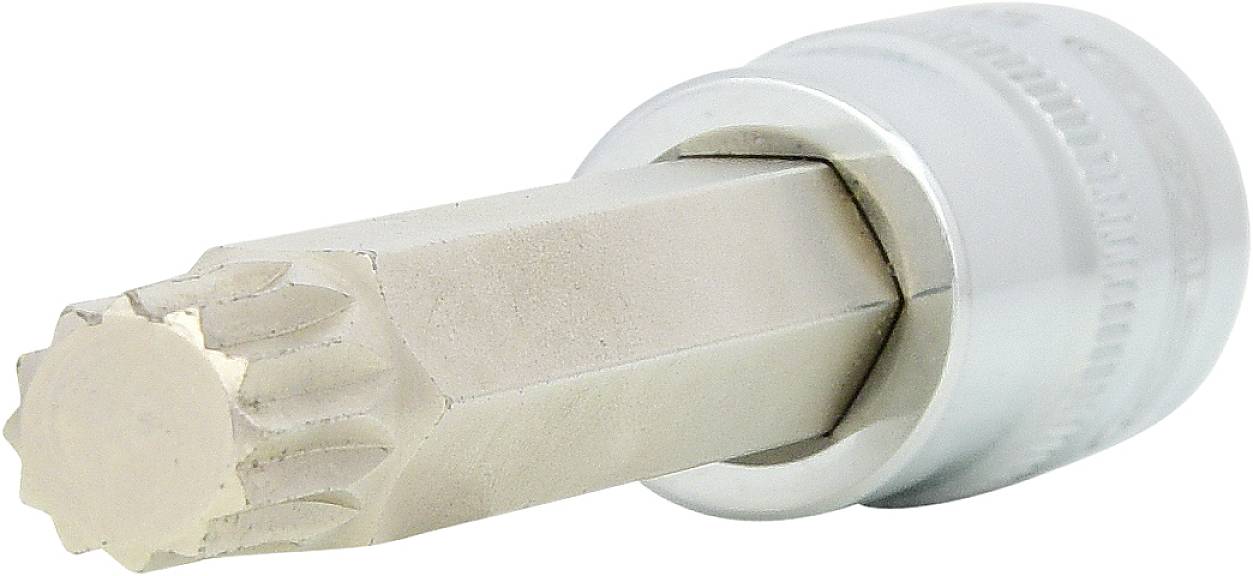 Steckschlüssel mit Vielzahnprofil, verwendet für spezielle mechanische Anwendungen in der Fahrzeug- oder Maschinenwerkstatt.