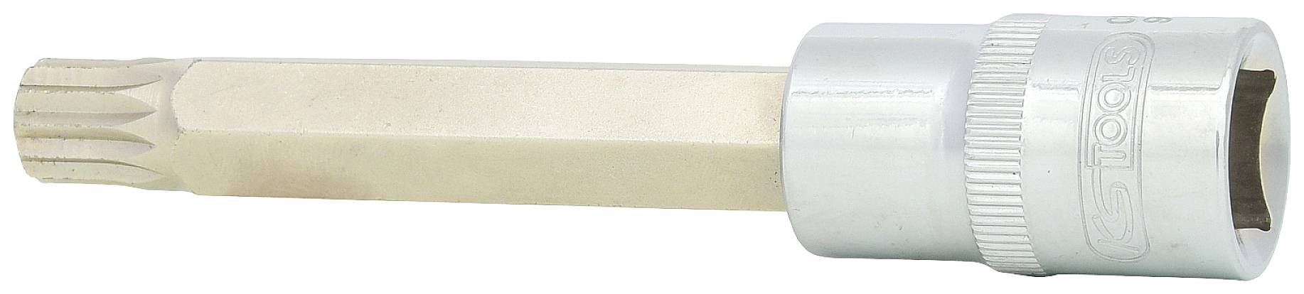 Ein silberner Steckschlüssel mit einem sternförmigen Bit-Einsatz, geeignet für sechskantige Muttern oder Schrauben, liegt auf einer weißen Fläche.