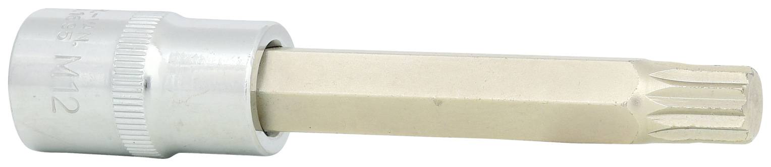 Ein silberner Steckschlüssel mit einem länglichen, sternförmigen Einsatz, auf dem 'M12' steht. Werkzeug zur Schraubenbearbeitung.