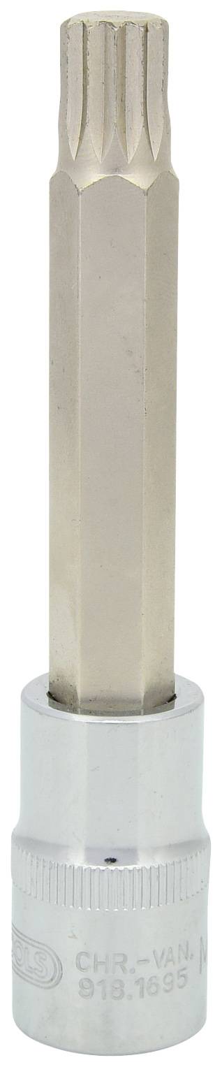 Ein silberner Steckschlüsseleinsatz mit langem, geriffeltem Bit, geeignet für mechanische Arbeiten.