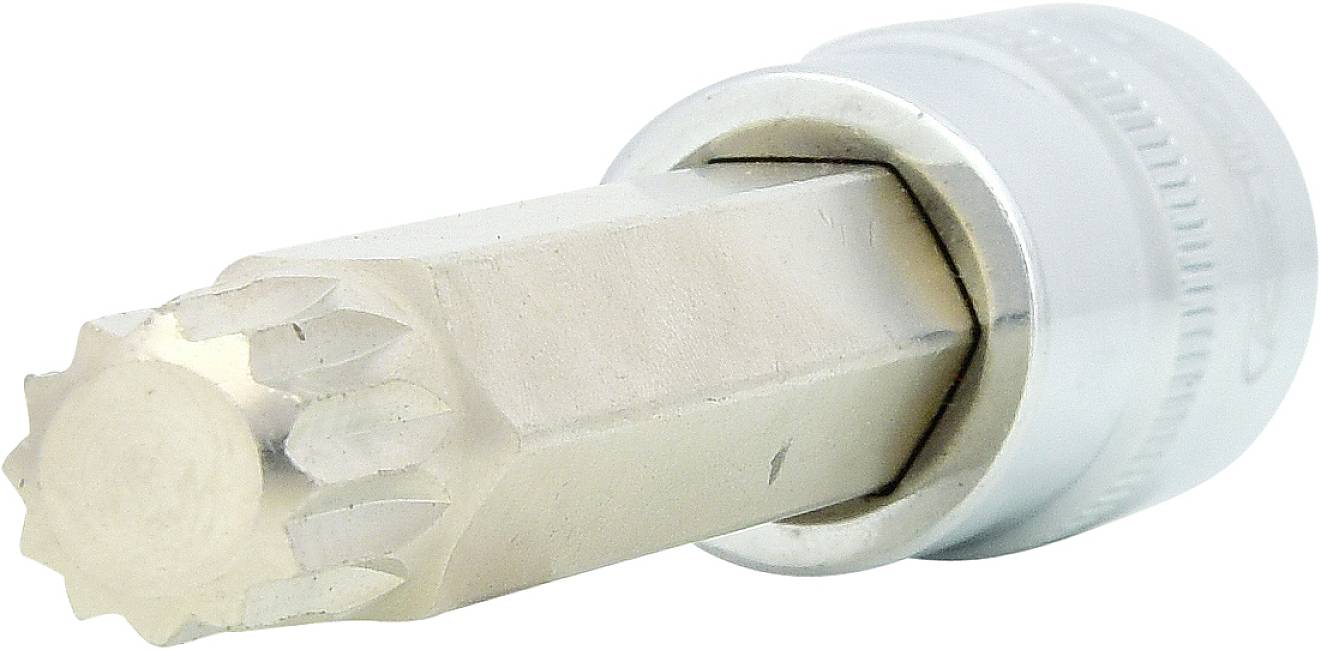 Ein silberner Vielzahn-Bit mit verkanteter Zahnung und rundem Schaft. Häufig in der Automobil- und Maschinenreparatur eingesetzt.