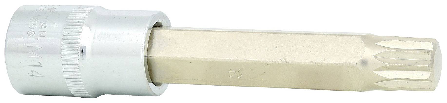 Steckschlüssel mit sechskantigem Kopf, aus Metall, silberfarbene Basis und gelblicher Verlängerung. Werkzeug zur Befestigung/Lockerung.