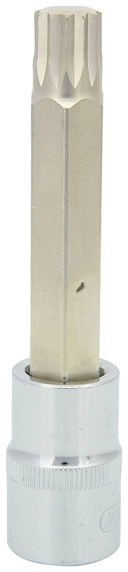 Steckschlüsselbit mit Vielzahnprofil, Chrom-Finish, genutzt zum Anziehen oder Lösen von speziellen Schrauben.