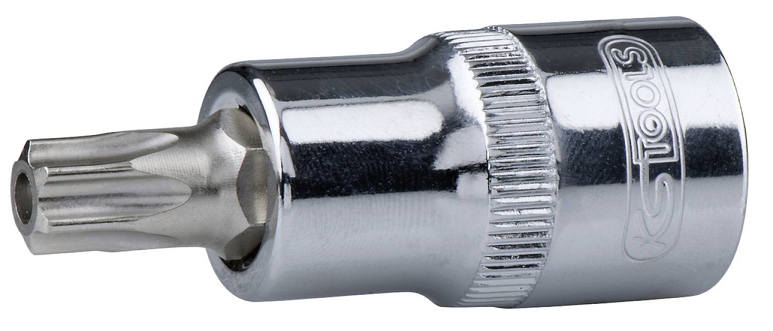 Torx-Bit-Aufsatz aus Metall mit Chrom-Finish, zylindrische Form, seitlich gravierte Werkzeugmarke.