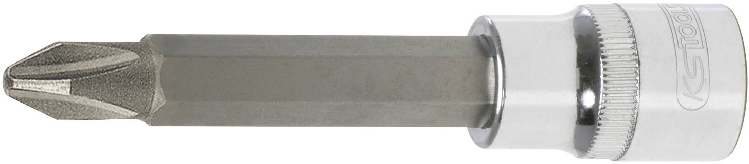 Ein silberner Phillips-Bit in einem metallischen Steckschlüssel-Adapter, geeignet zum Anziehen oder Lösen von Kreuzschlitzschrauben.