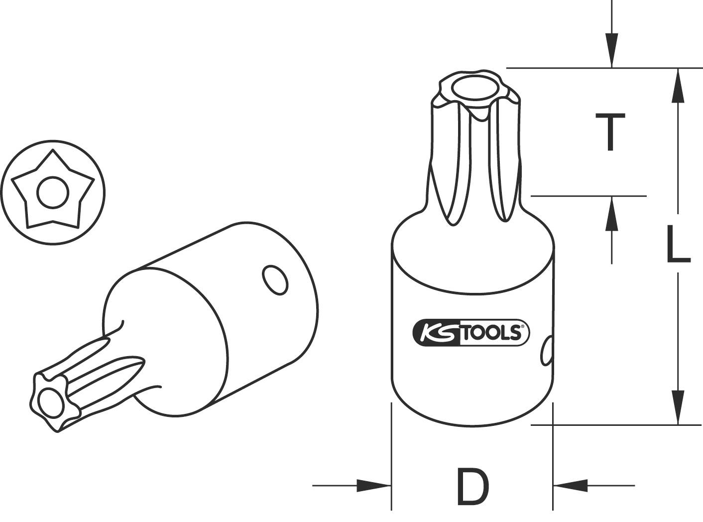 'KS TOOLS' Bitansatz in technischer Zeichnung mit Abmessungen: Durchmesser (D), Schraubendreherlänge (L), Gesamtlänge (T); Torx-Werkzeug.