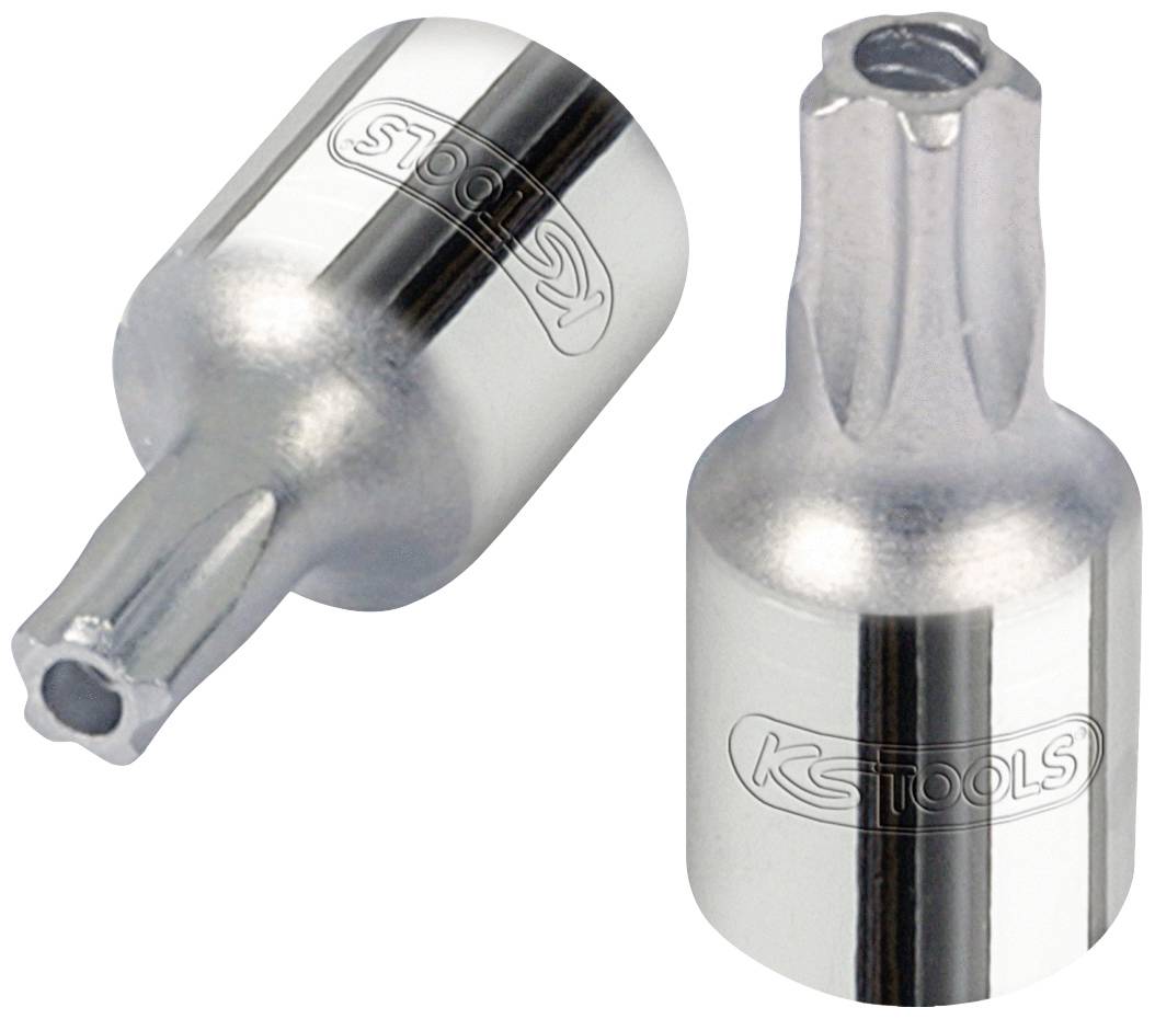 Zwei silberne Schraubnüsse aus Metall, zylindrisch und glänzend, mit einem sternförmigen Innenprofil, markiert mit 'KS Tools'.