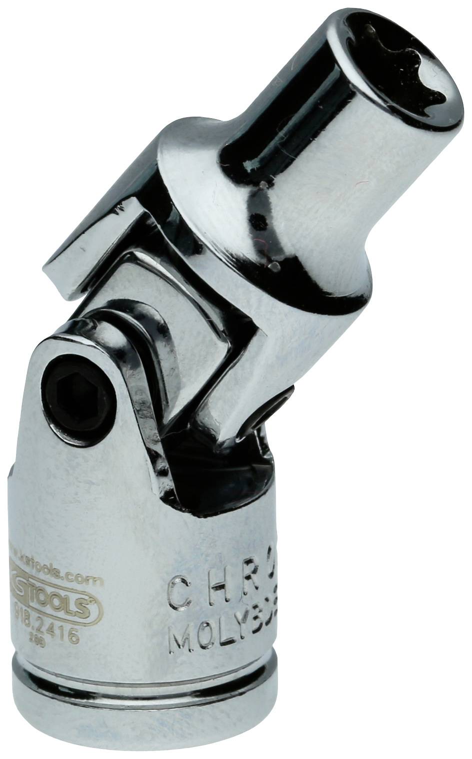 Ein verchromter Universal-Gelenkadapter für Steckschlüssel, der Flexibilität beim Lösen oder Anziehen von Schrauben in engen Räumen ermöglicht.