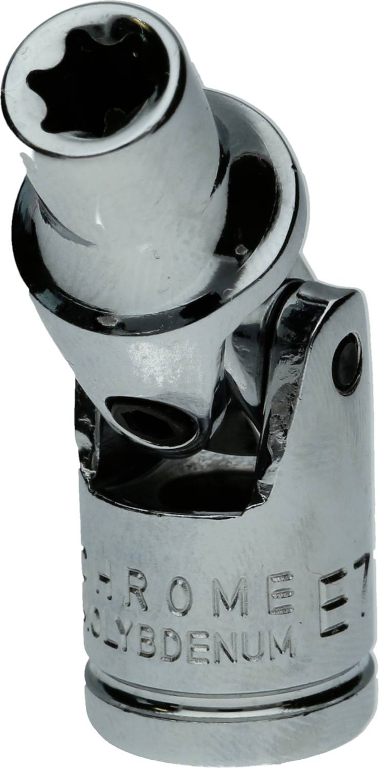 Ein silberner Steckschlüsselaufsatz aus Chrom mit beweglichem Kopf, geeignet für schwer zugängliche Schrauben.
