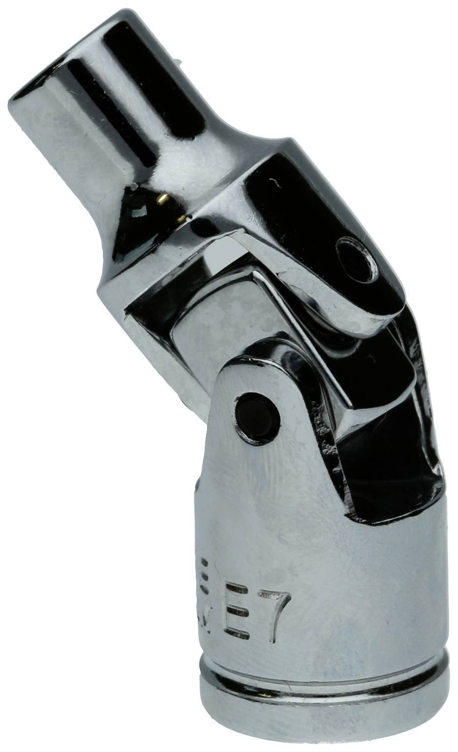 Metallisches Kardangelenk mit verchromtem Finish; dient zur flexiblen Verbindung und Kraftübertragung zwischen Bauteilen.