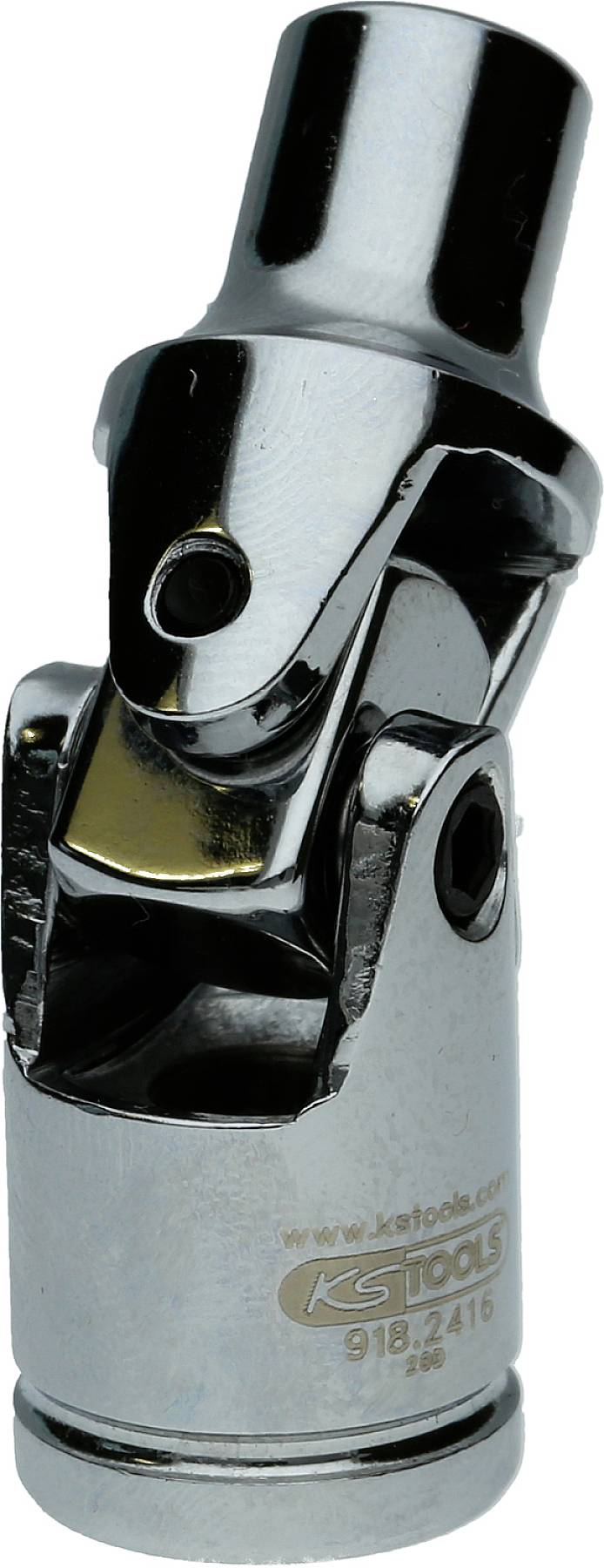 Nahaufnahme eines glänzenden, verstellbaren Steckschlüssels mit Gelenkmechanismus. Hauptsächlich für mechanische Arbeiten verwendet.