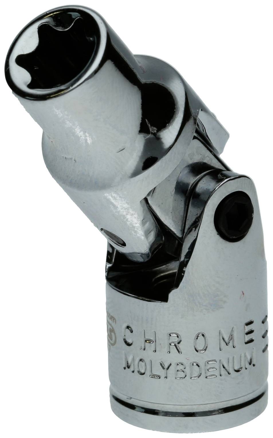 Steckschlüsseleinsatz mit Gelenk aus Chrom-Molybdän, silberfarben, zeigt ein bewegliches Verbindungsstück für Werkzeug.