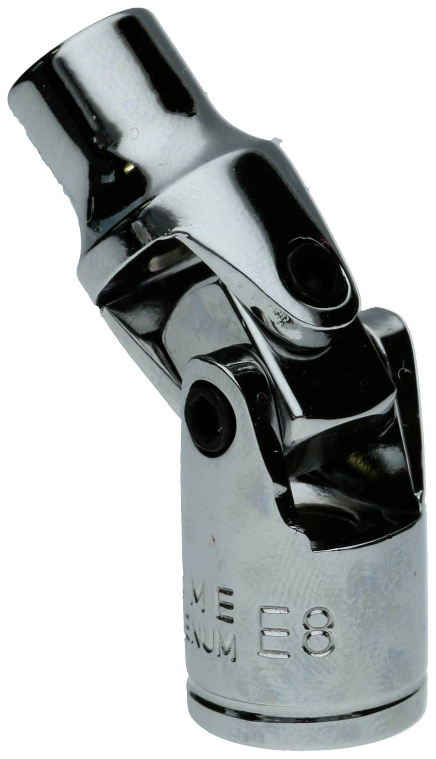 Metallisches Universalgelenk für Werkzeuge, glänzende Oberfläche, sechseckige Basis mit Gravur 'E8'.