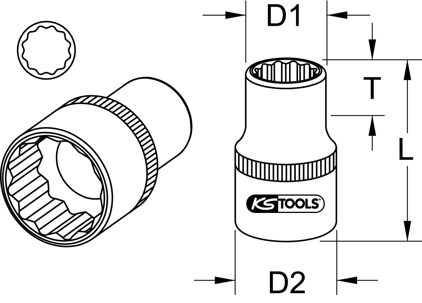 Steckschlüssel-Diagramm mit den Maßen D1, D2, T und L. Markierung 'KS Tools' auf der Außenseite. Zeigt Innenansicht und Seitenansicht.