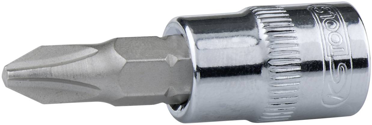 Ein silberner Schraubenziehereinsatz mit Kreuzschlitzspitze aus Metall.