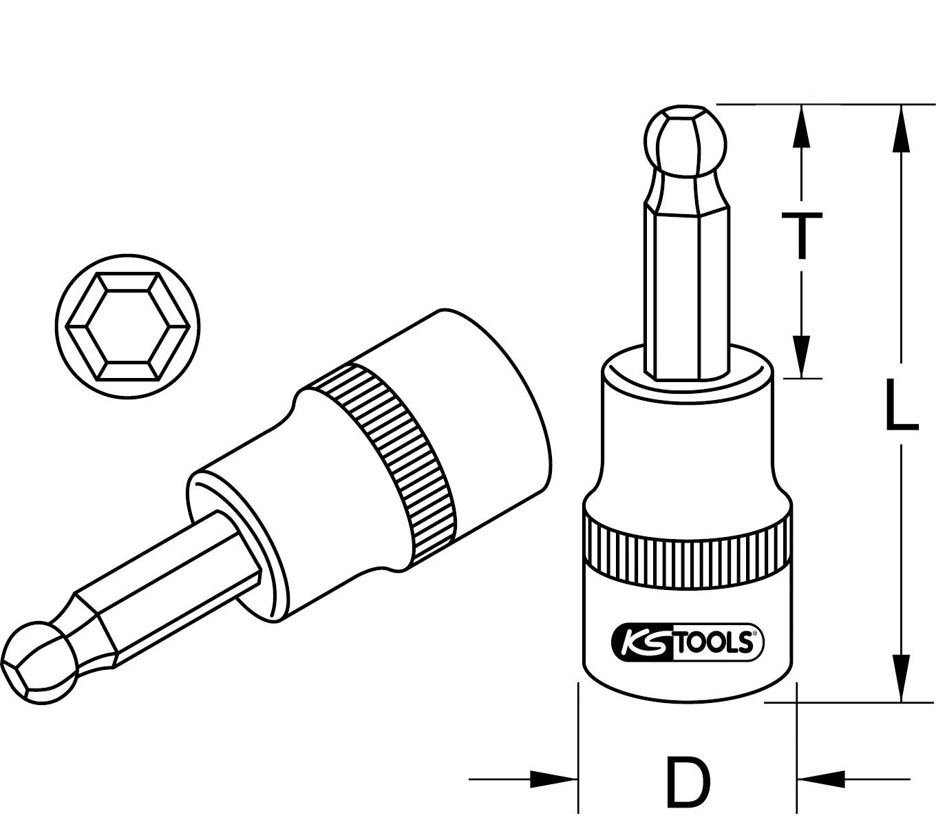 Steckschlüsseleinsatz mit Innensechskant, Maße: Durchmesser (D), Länge (L), und Tiefe (T). Firmenlogo auf dem Einsatz abgebildet.