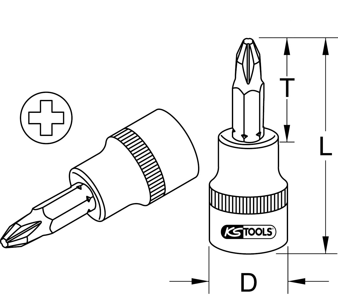 Diagramm eines Kreuzschlitz-Schraubendrehereinsatzes mit Abmessungen T, L und D, Markenlogo unterhalb der Spitze.