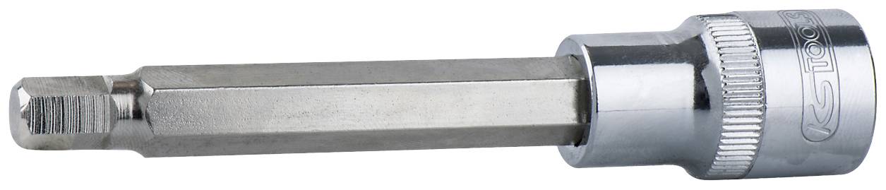 Ein silberfarbener Sechskant-Bitaufsatz aus Metall, vermutlich für ein Werkzeug wie einen Schraubendreher oder eine Ratsche.