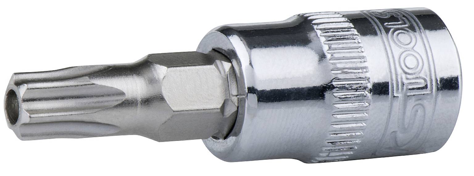 Ein Torx-Bit-Aufsatz aus Metall, geeignet für Schraubarbeiten, mit schmale Rillen an der Spitze und einem runden, geriffelten Griff.