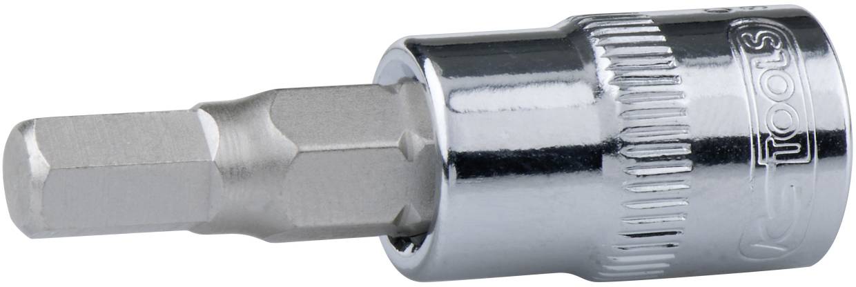 Ein silbernes Werkzeug, ein 8 mm Hex-Bit für Steckschlüssel, erkennbar an seiner sechseckigen Form und glänzenden Metalloberfläche.