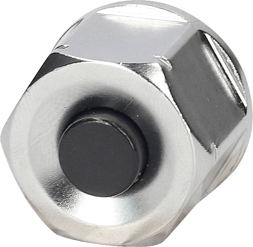 Eine silberne Sechskantmutter mit schwarzem Innenteil, auf weißem Hintergrund.