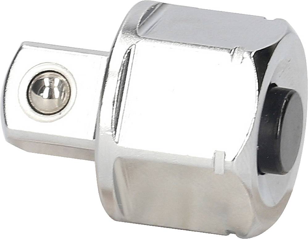 Adapter aus Metall, ermöglicht die Verbindung zwischen unterschiedlichen Steckgrößen bei Werkzeugen. Silberfarben, glänzend.